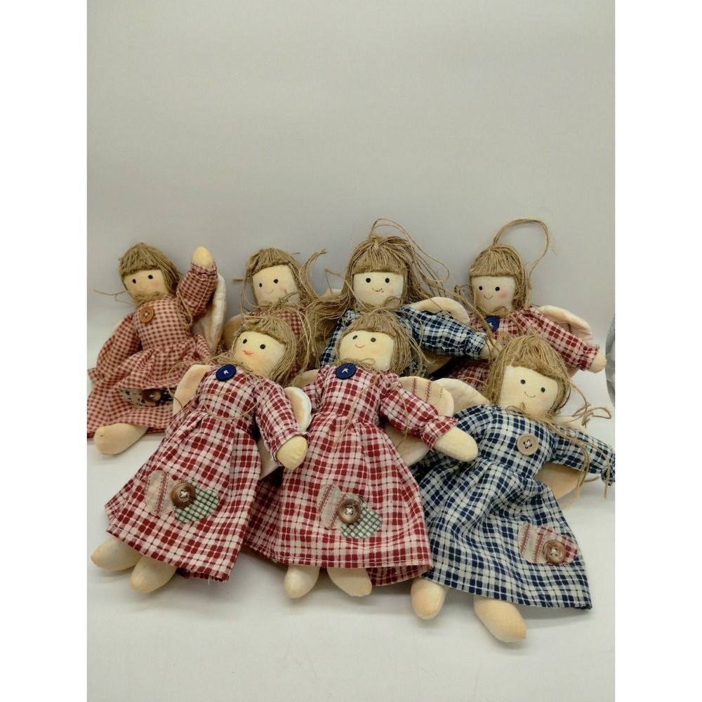 Lot Of 7 Country Plush Angel Ornaments 8" Tall Gingham Check Christmas Granny